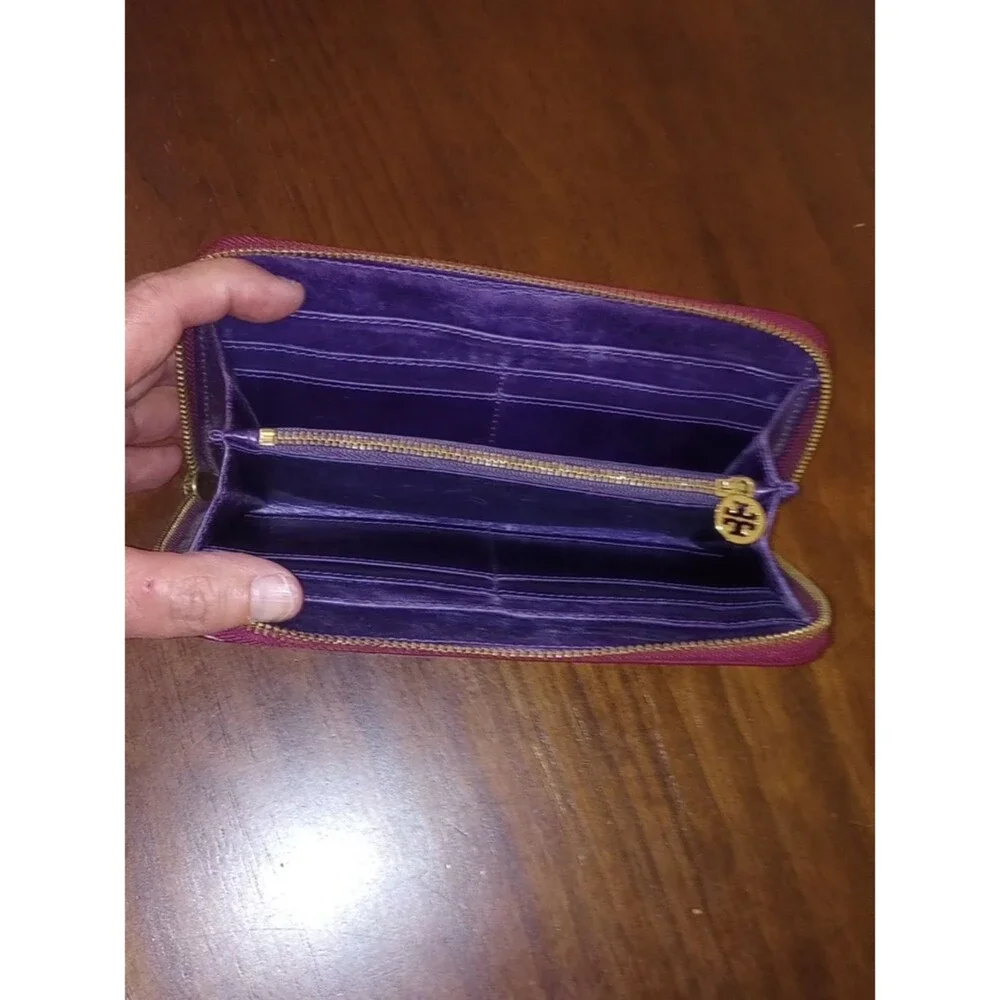 Tory Burch Maroon Leather Continental Zip Wallet